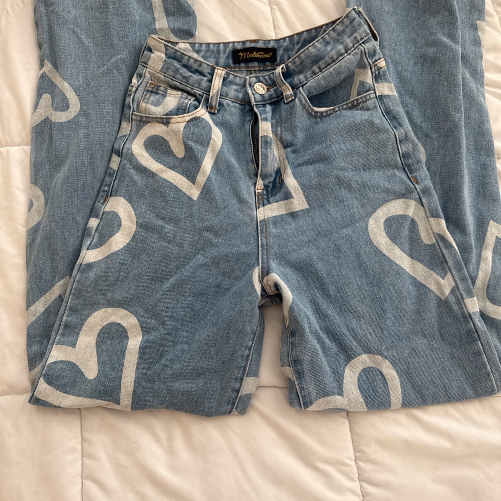 Blue and White Straight Leg Jeans with Heart Pattern